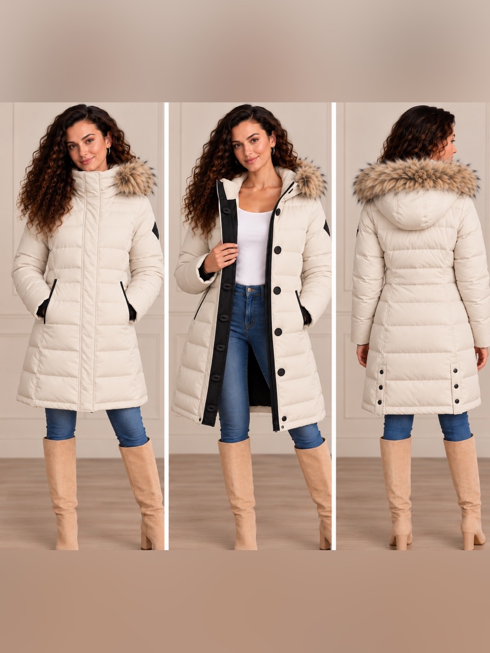 Brand New Hollister Cream Long Puffer Parka Faux Fur Hood Size S